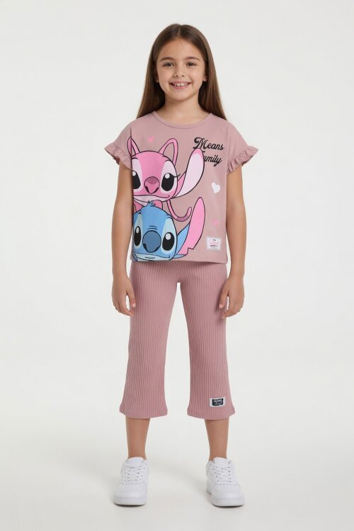 Gül Kurusu Karakter Baskılı Fitilli Bermuda Pantolonlu Kız Çocuk Tişörtlü Takım  23807