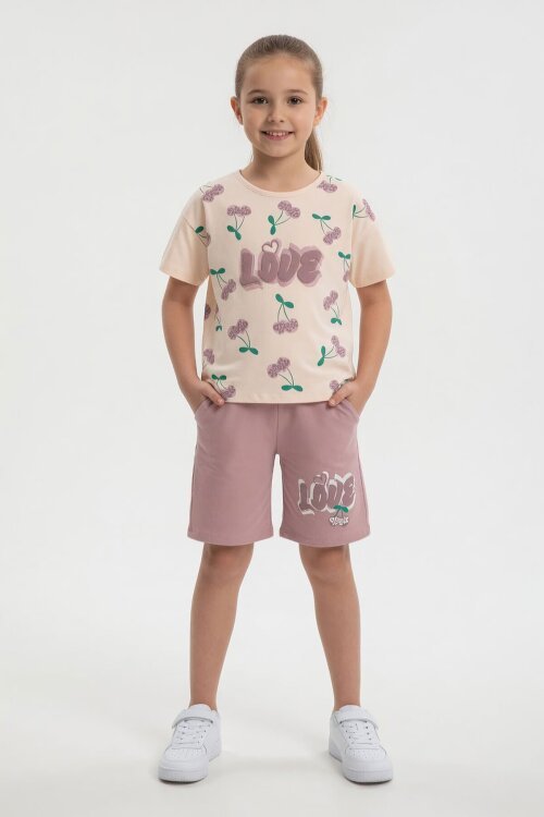 Gül Kurusu Kiraz Desenli Love Yazılı Tişörtlü Kız Çocuk Şortlu Takım 23899
