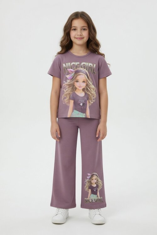 Gül Kurusu Kız Karakter Baskılı Geniş Paça Pantolonlu 2li Kız Çocuk Takım 23804