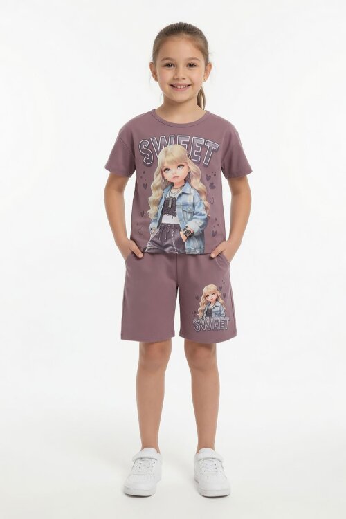Gül Kurusu Sweet Yazılı Karakter Baskılı Kız Çocuk Şortlu 2li Takım 23995