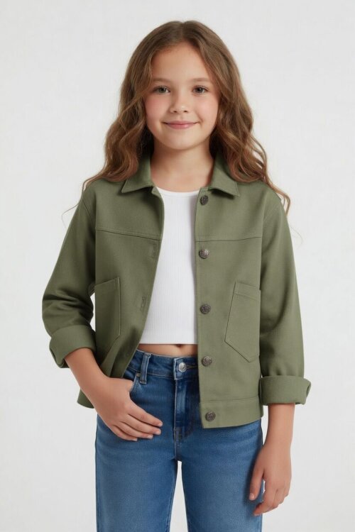 Haki Sırtı Düğme Detaylı Kız Çocuk Gabardin Ceket 24560