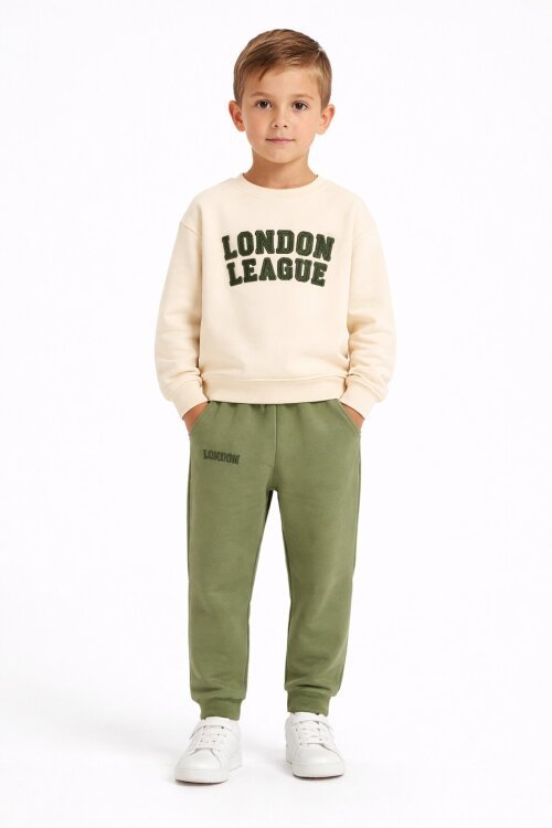 Haki Yazı Nakışlı Erkek Çocuk Bisiklet Yaka Eşofman Takımı 23396