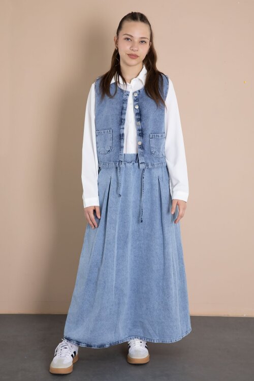 Mavi Jean Etekli Sıfır Kol Yelekli Kız Çocuk Gömlekli 3lü Takım 23916