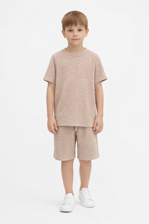 Kahve Kare Desenli Bisiklet Yaka Tişörtlü Erkek Çocuk Şortlu Takım 20784