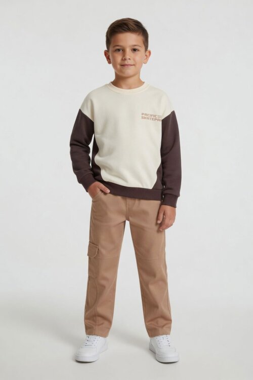 Kahverengi Kahve Erkek Çocuk Keten Pantolonlu Sweatshirt 2li Takım 24516