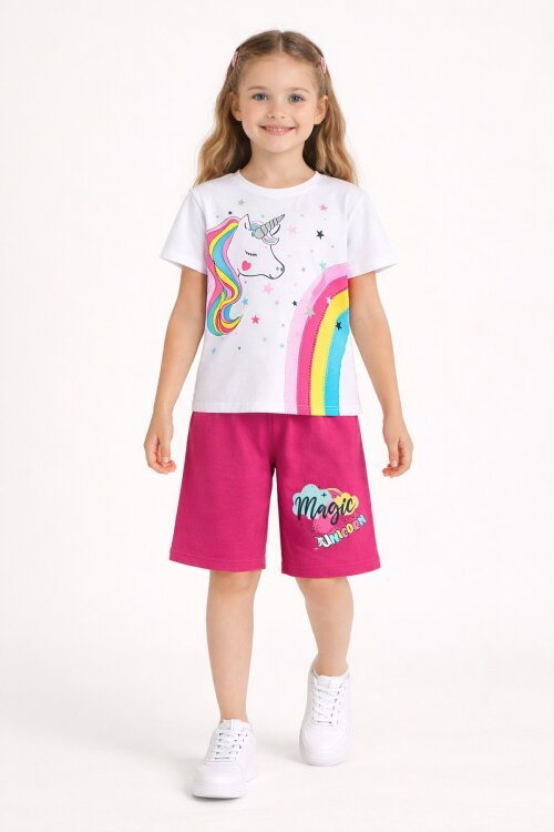 Koyu Pembe Unicorn Baskılı Simli Kız Çocuk Tişörtlü Şortlu Takım 23797