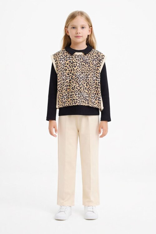Krem Leopar Desenli Süveterli Badili Kız Çocuk Pantolonlu 3lü Takım 20665