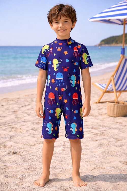 Lacivert Hayvan Baskılı Erkek Çocuk Kısa Kol Mayo 21132