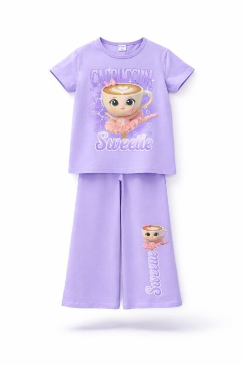 Lila Ballerin Baskılı Geniş Paça Taytlı Kız Çocuk 2li Takım  23799