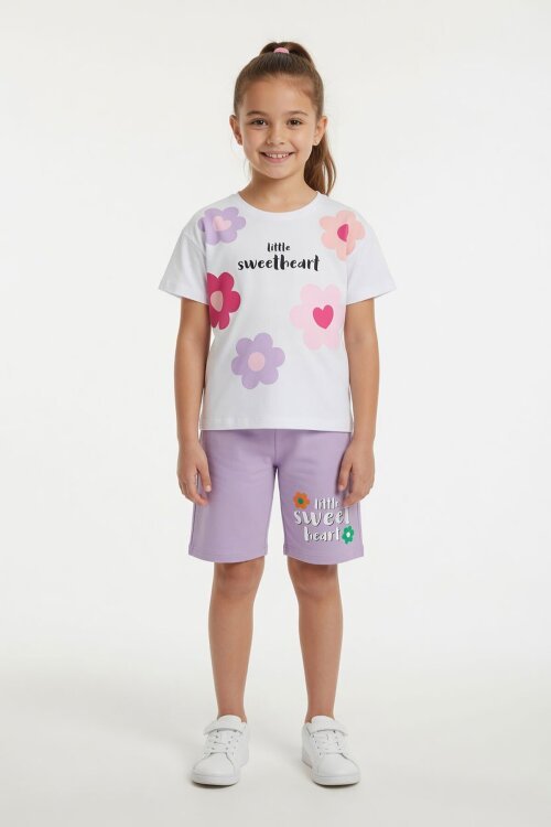 Lila Çiçek Desenli Tişörtlü Kız Çocuk Şortlu 2 Takım 23852