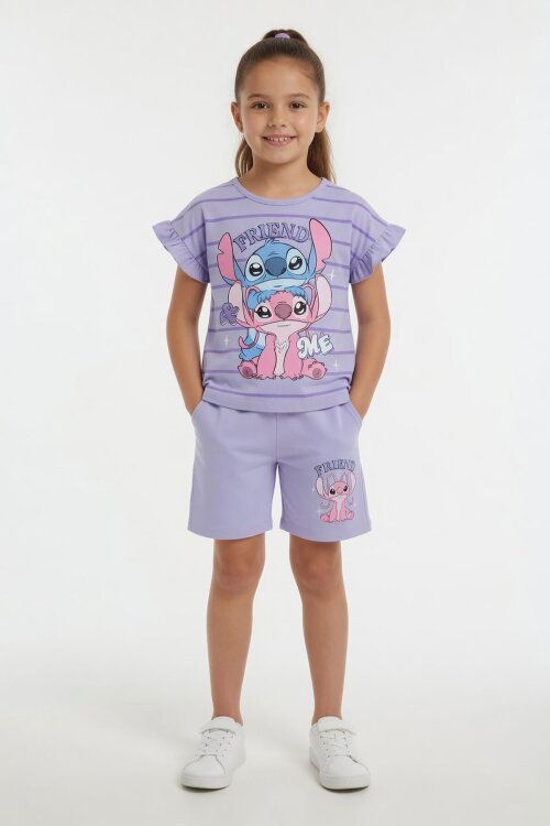 Lila Çizgili Karakter Baskılı Fırfırlı Kız Çocuk Şortlu 2li Takım  23955