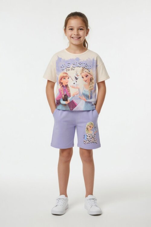 Lila Karlar Kraliçesi Baskılı Kız Çocuk Tişörtlü Şortlu Takım  23951