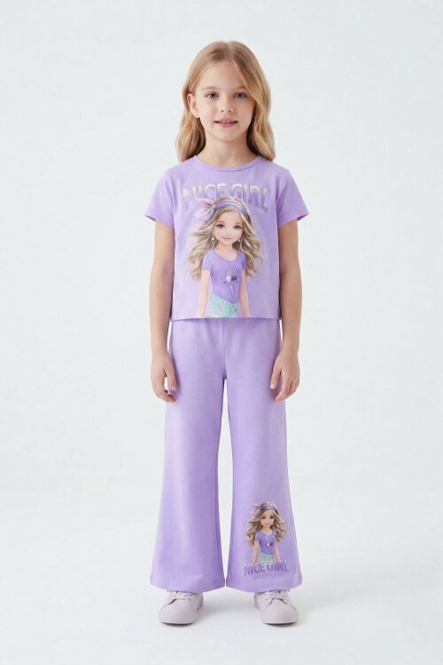 Lila Kız Karakter Baskılı Geniş Paça Pantolonlu 2li Kız Çocuk Takım 23802
