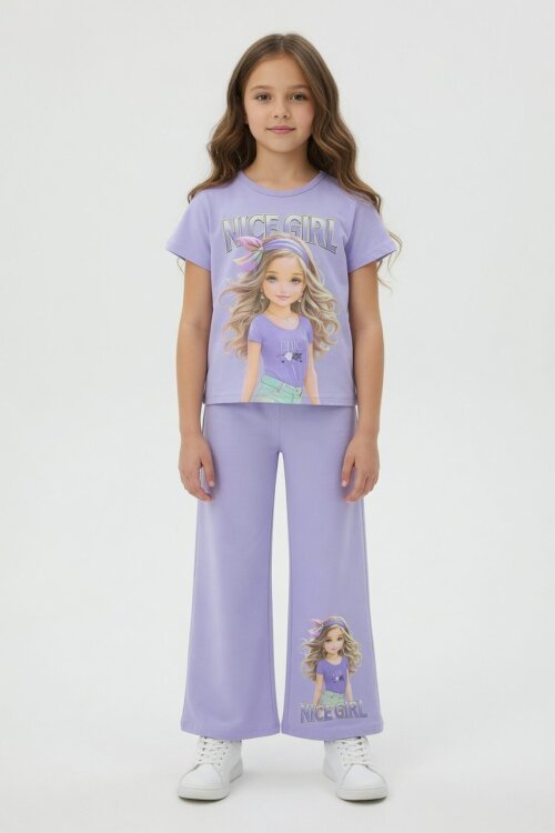 Lila Kız Karakter Baskılı Geniş Paça Pantolonlu 2li Kız Çocuk Takım 23802