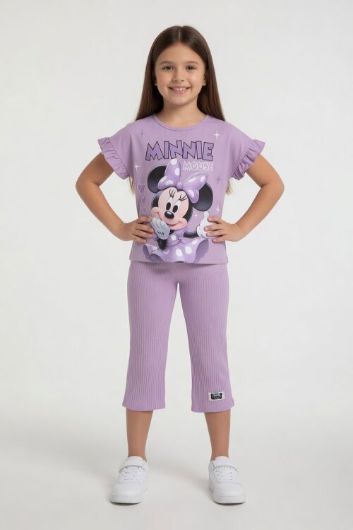Lila Minnie Desenli Tişörtlü Fitilli Pantolonlu Kız Çocuk Alt Üst Takım 23834