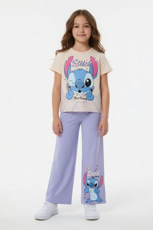 Lila Sevimli Çizgi Karakter Baskılı Tişörtlü Kız Çocuk Geniş Paça  Takım 23858