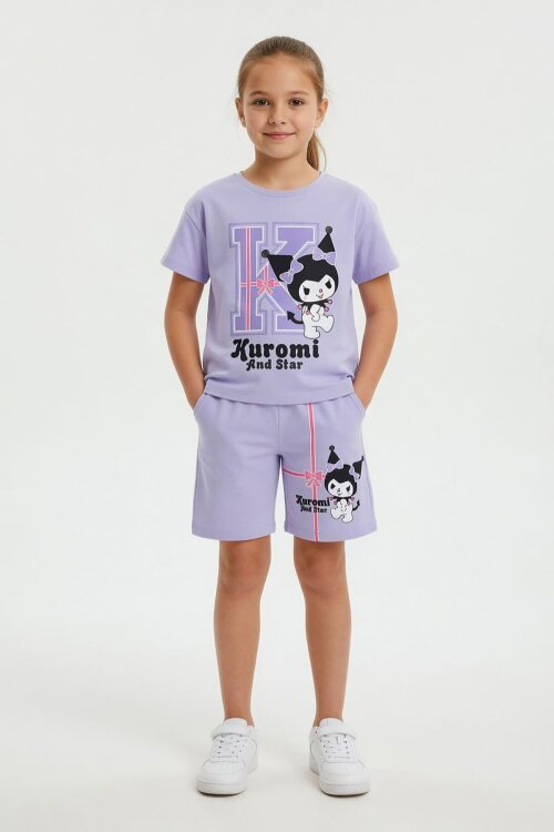 Lila Sevimli Tavşan Baskı Bisiklet Yaka Kız Çocuk Şortlu Takım 23946