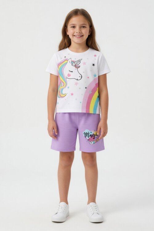 Lila Unicorn Baskılı Simli Kız Çocuk Tişörtlü Şortlu Takım 23795