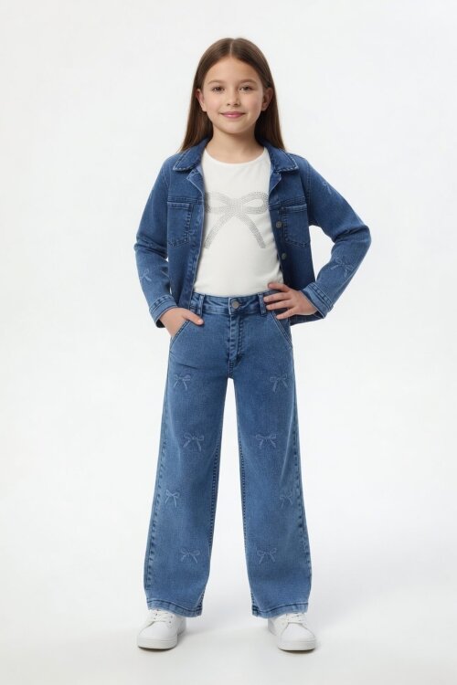 Mavi Fiyonk Desenli Jean Ceketli Pantolonlu Kız Çocuk Badili 3lü Takım 24131