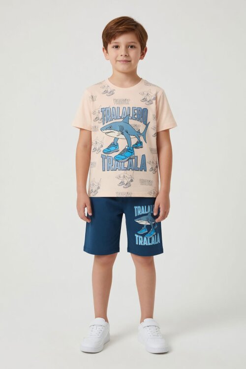 Mavi KöpekBalığı Baskılı Bisiklet Yaka Erkek Çocuk Şortlu Takım 23838
