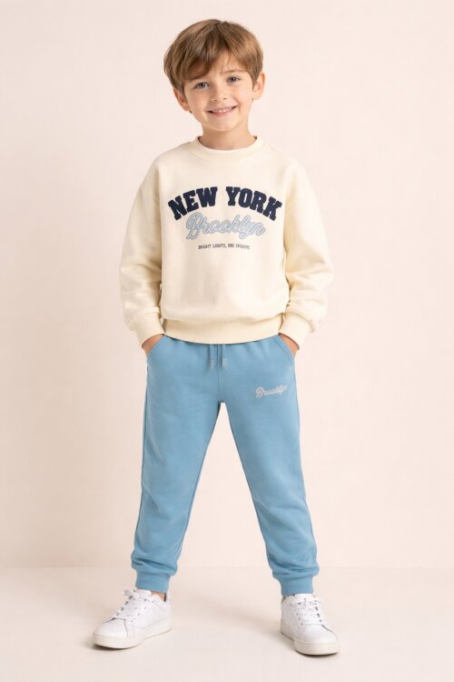 Mavi New York Yazılı Erkek Çocuk Bisiklet Yaka Eşofman Takımı 23394