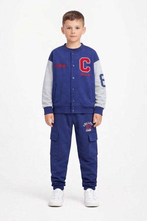Mavi Yazı Nakışlı Kolej Ceketli Erkek Çocuk Eşofman Takımı 21224