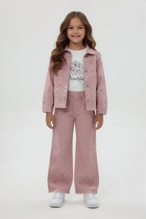 Pembe Çiçek Nakışlı Ceketli Geniş Paça Pantolonlu Kız Çocuk 3lü Takım 24115
