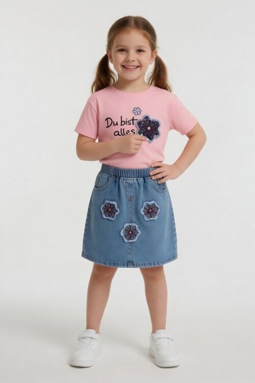 Pembe Çiçek Nakışlı Taşlı Jean Etekli Badili Kız Çocuk 2li Takım 24049
