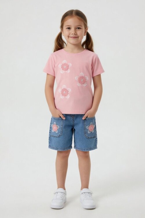 Pembe Çiçek Nakışlı Tişörtlü Jean Şortlu Kız Çocuk 2li Takım 24055