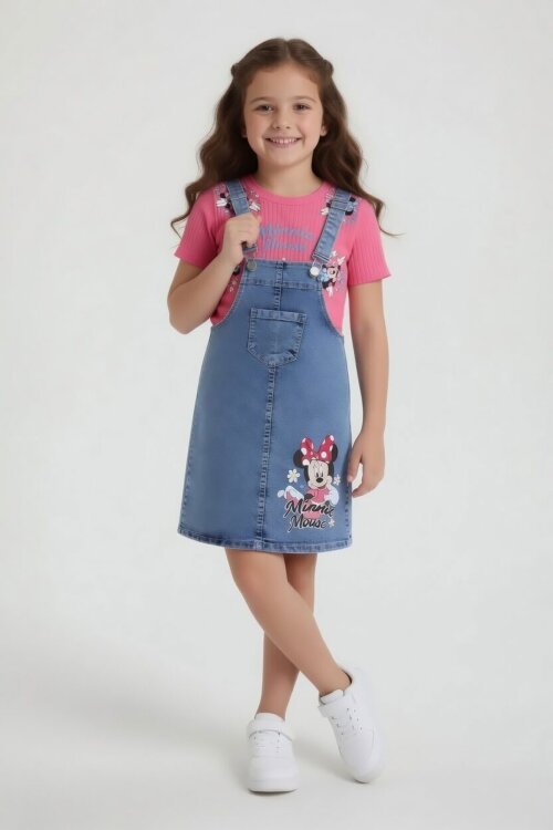 Pembe Çiçekli Minnie Desenli Badili Jean Salopetli Kız Çocuk Takım 24089