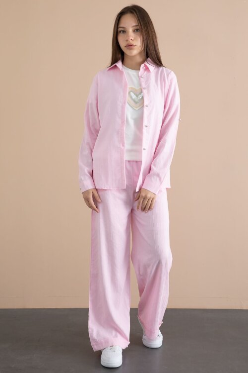 Pembe Çizgi Desen Gömlekli Geniş Paça Pantolonlu Badili Kız Çocuk 3lü Takım 24078