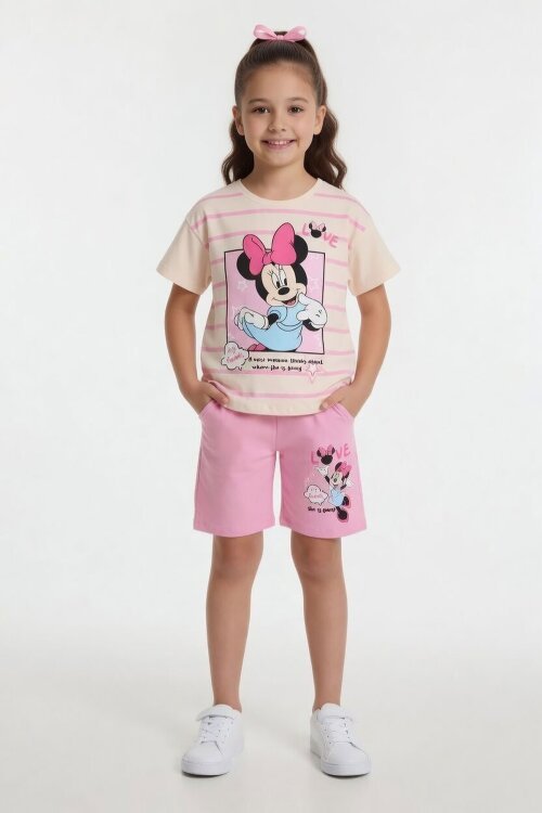 Pembe Çizgi Desenli Karakter Baskılı Kız Çocuk Tişörtlü Şortlu Takım 23867