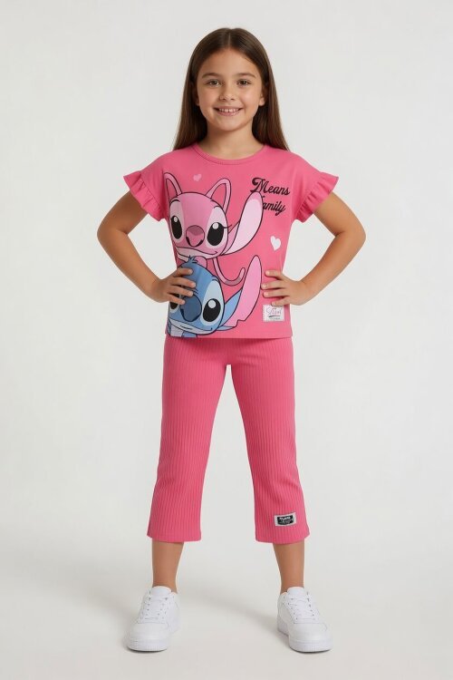 Pembe Karakter Baskılı Fitilli Bermuda Pantolonlu Kız Çocuk Tişörtlü Takım  23805