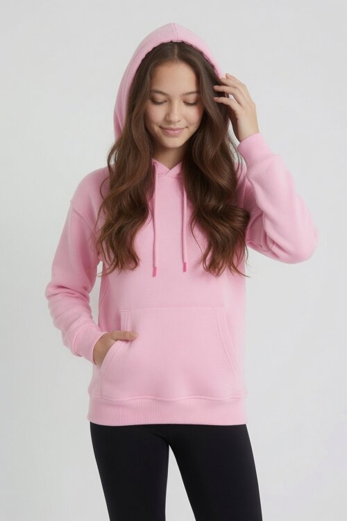 Pembe Kız Çocuk Kanguru Cepli Şardonlu Kapüşonlu Sweatshirt 24688