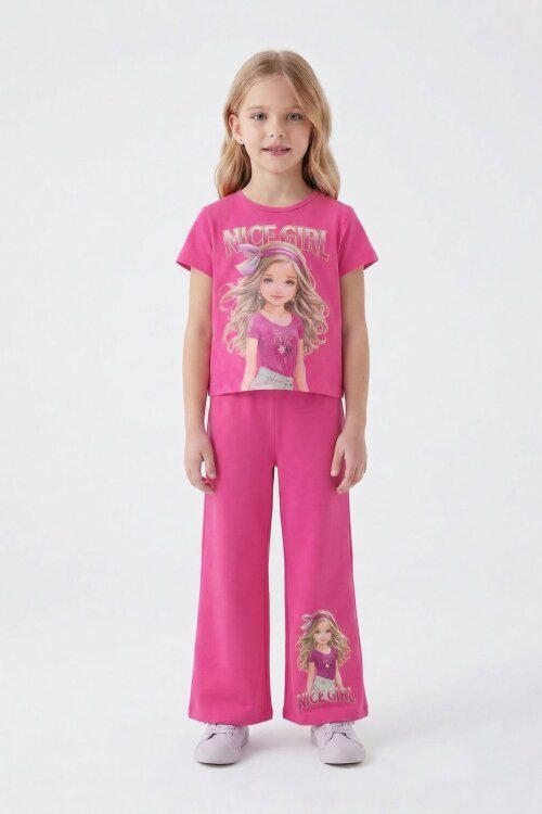 Pembe Kız Karakter Baskılı Geniş Paça Pantolonlu 2li Kız Çocuk Takım 23801
