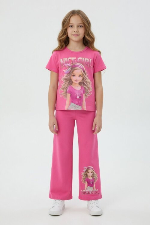 Pembe Kız Karakter Baskılı Geniş Paça Pantolonlu 2li Kız Çocuk Takım 23801