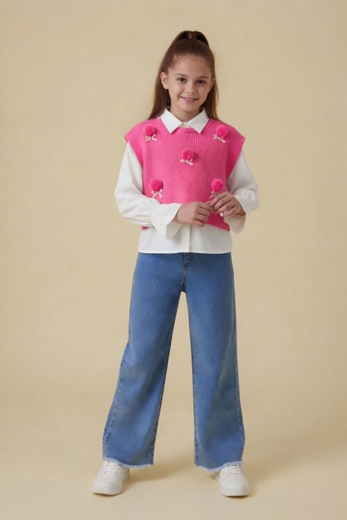 Pembe Ponponlu Süveterli Gömlekli Kız Çocuk Jean Pantolonlu 3lü Takım 24106