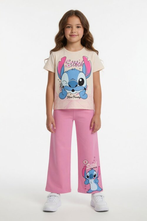 Pembe Sevimli Çizgi Karakter Baskılı Tişörtlü Kız Çocuk Geniş Paça  Takım 23857