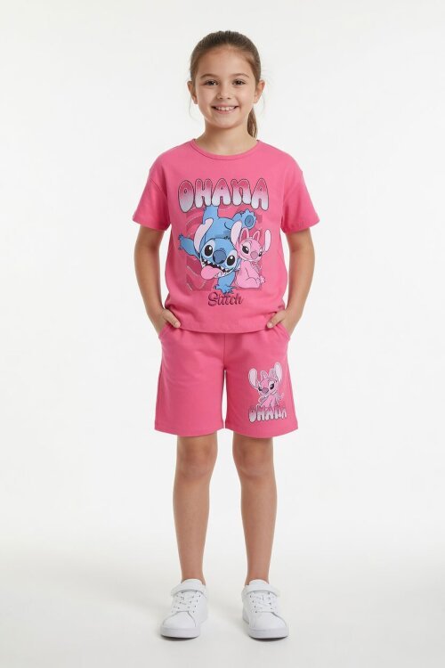 Pembe Simli Karakter Baskılı Tişörtlü Kız Çocuk Şortlu 2li Takım 23917