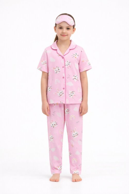 Pembe Tavşan Baskılı Kısa Kol Kız Çocuk Göz Bantlı Pijama Takımı 23820