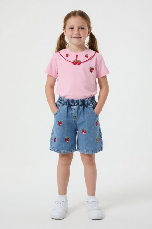 Pembe Yakası Çilek Nakışlı Badili Jean Şortlu Kız Çocuk 2li Takım 24046