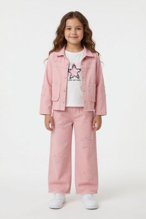 Pembe Yıldız Nakışlı Ceketli Geniş Paça Pantolonlu Püsküllü 3lü Kız Takım 24133