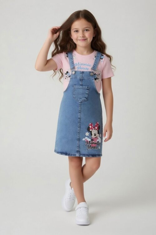 Pudra Çiçekli Minnie Desenli Badili Jean Salopetli Kız Çocuk Takım 24092