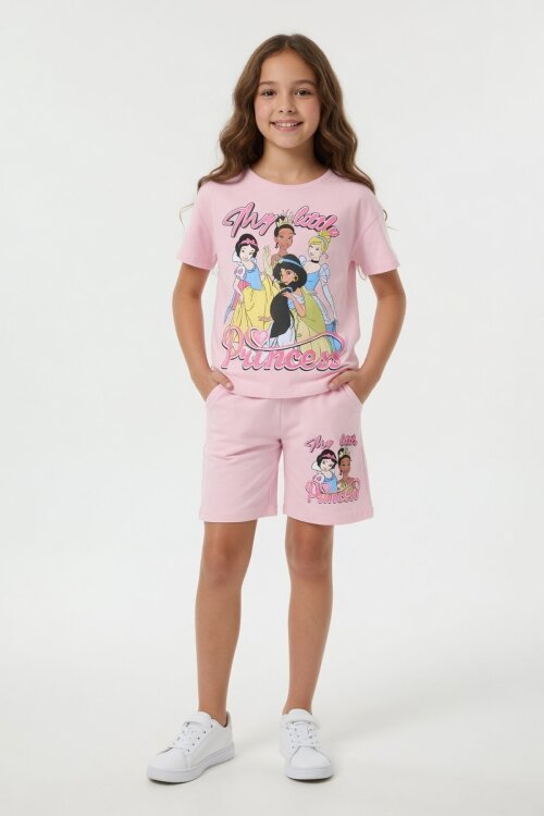 Pudra Prenses Temalı Tişörtlü Kız Çocuk Yazlık Şortlu Takım 23902