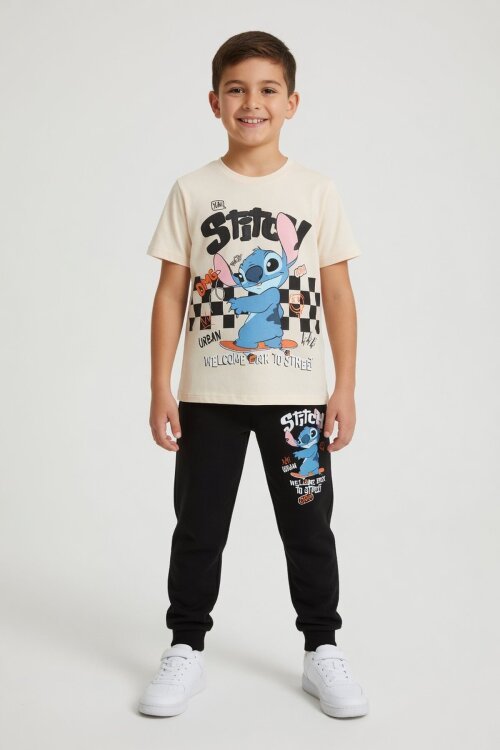 Siyah Çizgi Karakter Baskılı Tişörtlü Erkek Çocuk Eşofman Takımı 23871