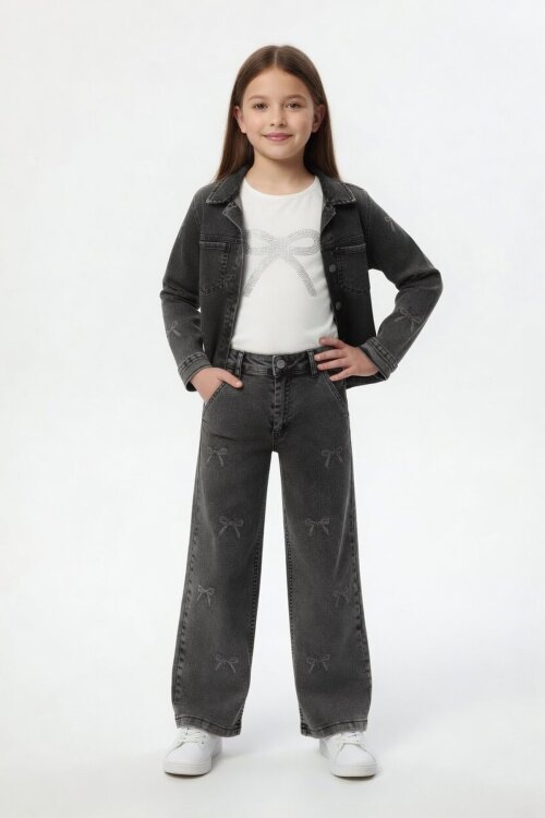 Siyah Fiyonk Desenli Jean Ceketli Pantolonlu Kız Çocuk Badili 3lü Takım 24130