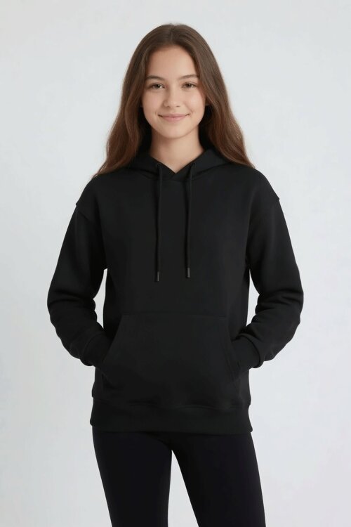 Siyah Kız Çocuk Kanguru Cepli Şardonlu Kapüşonlu Sweatshirt 24687