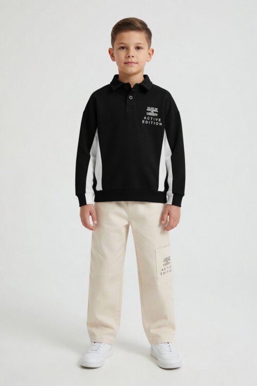 Siyah Polo Yaka Sweatshirt Keten Pantolonlu Erkek Çocuk Takım 24530