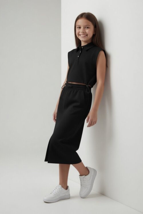 Siyah Sıfır Kol Crop ve Yırtmaç Detaylı Etekli Kız Çocuk Alt Üst Takım 24004