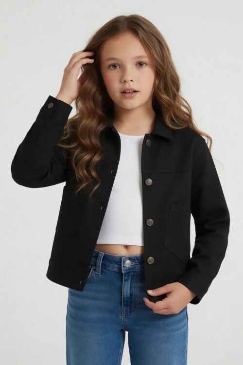 Siyah Sırtı Düğme Detaylı Kız Çocuk Gabardin Ceket 24558